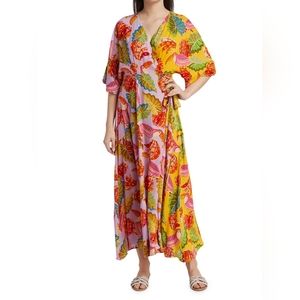 Farm Rio Mixed Beaks and Bananas Maxi Wrap Dress XL